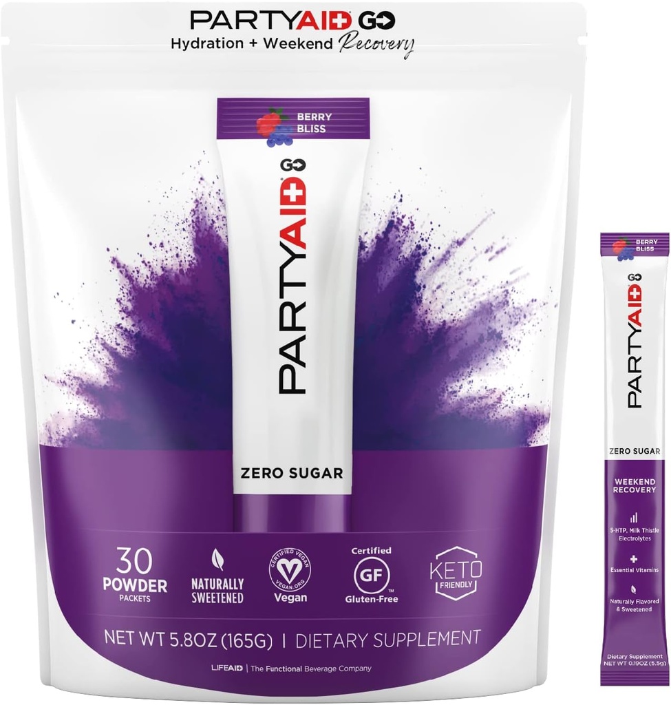 Partyaid GO tuntuu hyvältä tänä iltana ja huomenna, Nolla sokeria, 5-HTP, B-Complex, Milk Thistle, Electrolytes, Ei keinotekoisia makuja tai makeuttajat, kofeiiniton, 30 luku (Pakkaus 1)
