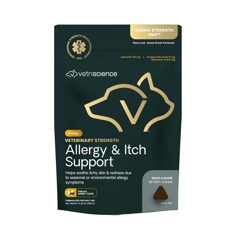VetriScience Veterinary Strength Allergia ja kutina Tuki Purut - Kausi-allergia Tuki täydentää lemmikkieläimet - Lemmikkieläinten ihon herkkyys Tuki - Kissat ja koirat - Duck Flavor - 60 Chews