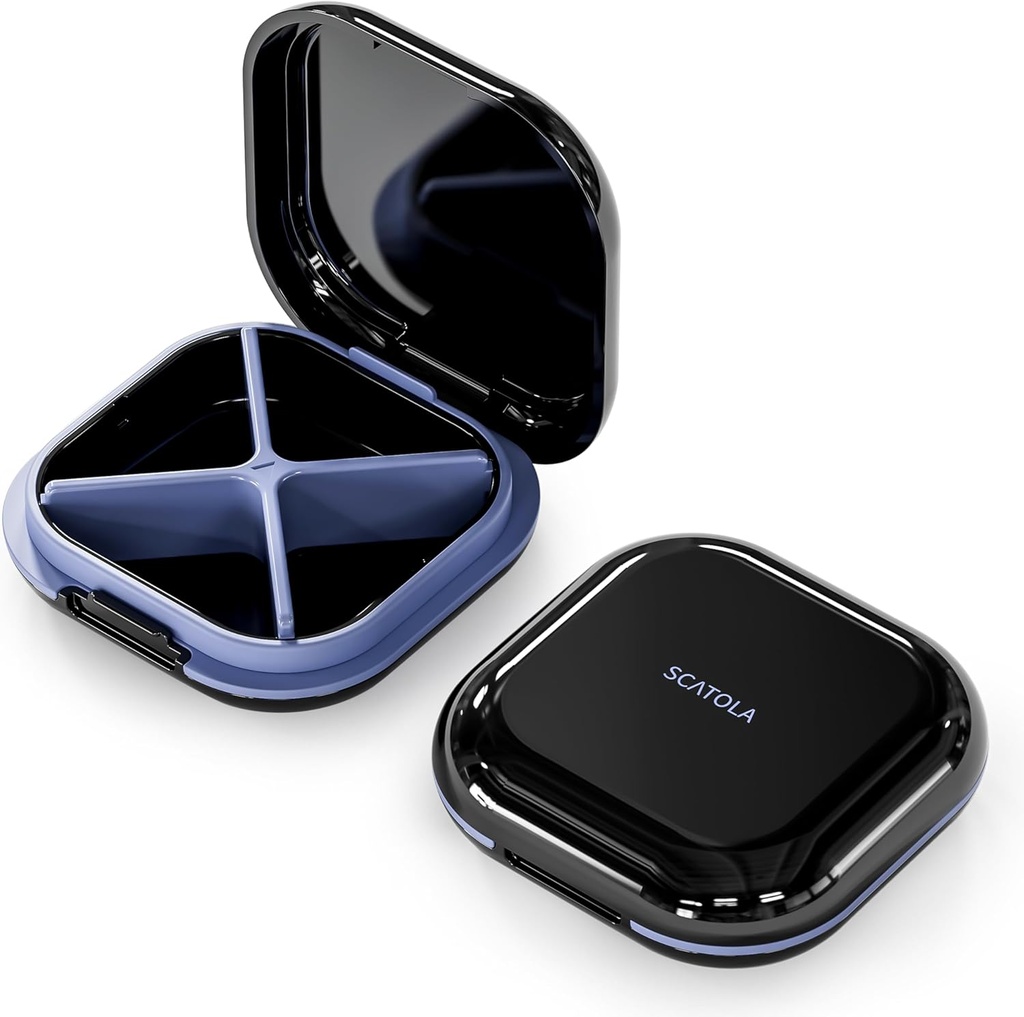 Pieni pilleri tapauksessa, matka pilleri laatikko, Kannettava pilleri organizer, pilleri kontti tasku 4 Osastot, Daily Compact Travel Medicine Holder for Vitamiinit lääkkeiden (musta)