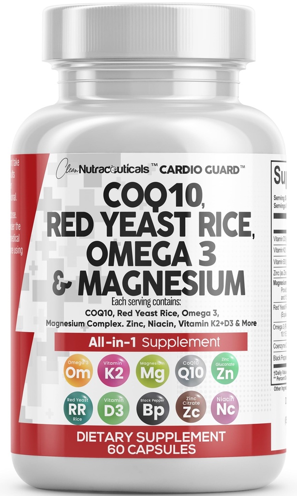 Clean Nutraceuticals COQ10 200 mg Punainen riisi Omega 3 Magnesiumkompleksi 500 mg Niasiini Sinkki K2 D3 - Heart Support Vitamiinit naisten & miesten w/vitamiini B3, Coenzyme Q10-60 Ct