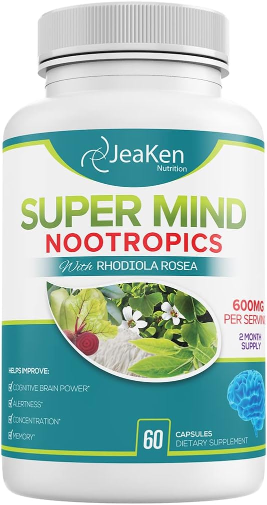 Super Mind - Nootropic Kognitiivinen Enhancer - Brain Boost täydentää luonnollisia ainesosia - Bacopa Monnieri - Rhodiola Rosea - Ginkgo Biloba - B12-60-vitamiini Vegaani kapselit valmistettu Yhdysvalloissa
