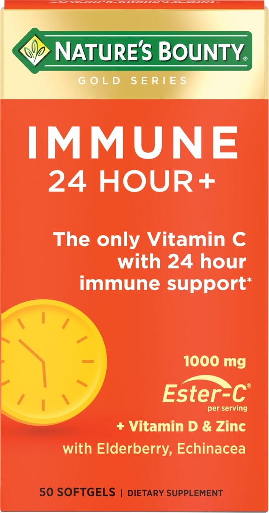 Nature's Bounty Immune 24 Hour +, Ainoa C-vitamiini 24 tunnin Immuuni tukea Ester-C, 1000 mg C-vitamiinia, D & Sinkki, Gluteeniton, Nopea vapauttaa Softgels, 2 Softgels per päivä, 50 kreivi