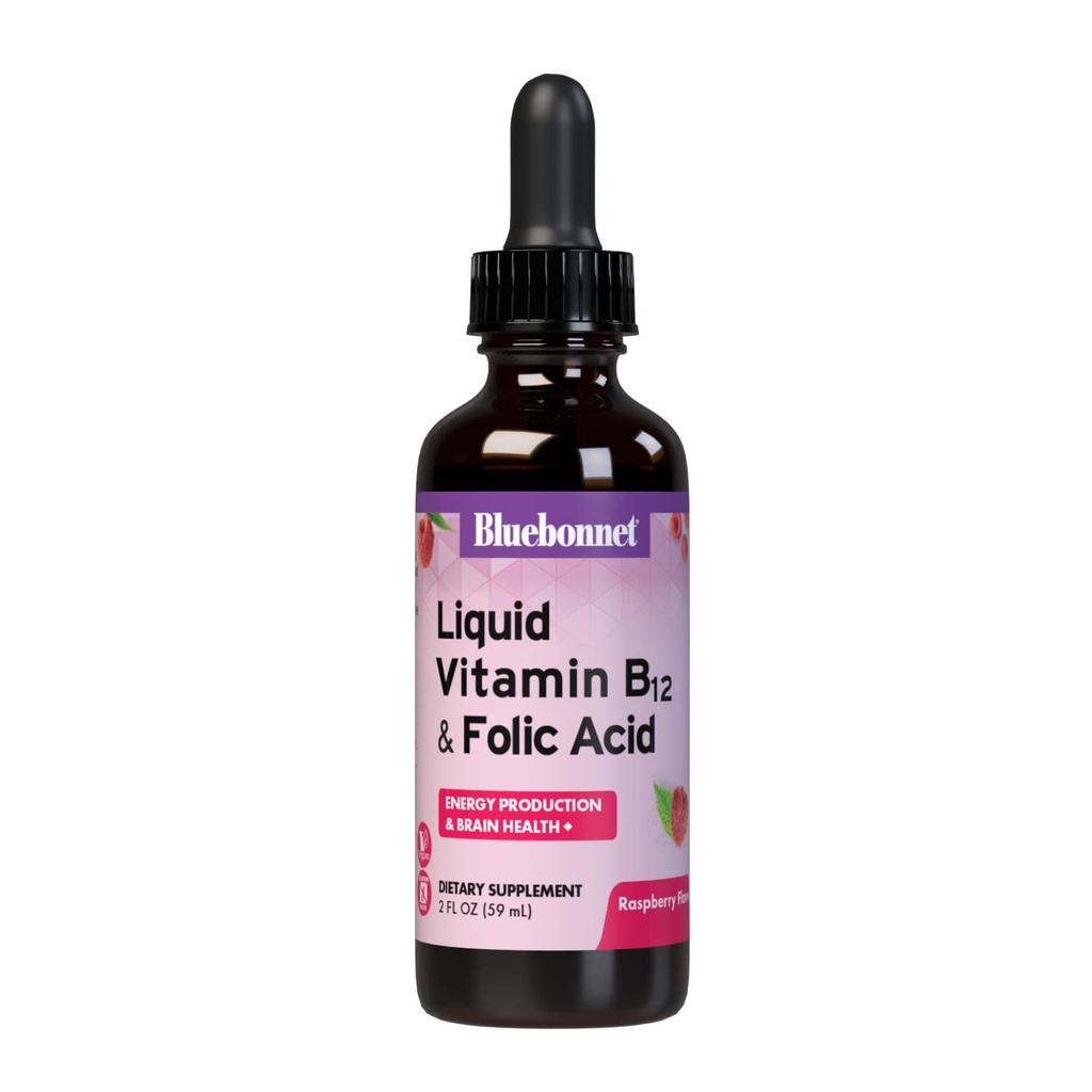 Bluebonnet Nutrition Liquid B12 & Folic Acid, for Energy Boost*, Soy-free, Gluteeniton, Dairy-free, Vegan, 400 mikrog Foolihappoa & 1000 mikrog B12-vitamiinia per Serving, 2 fl oz, 59 tarjoilua