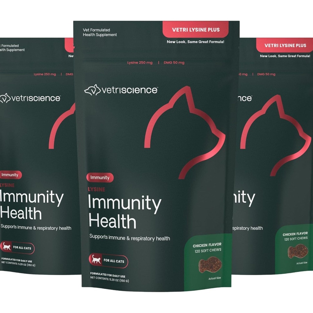 VetriScience Lysine Immunity Health Chews, 250 mg Lysine Plus Immune Supplement för katter och kattungar med allergier, Sneezing, Runny Nose och Watery Eyes, Chicken, 3 Pack