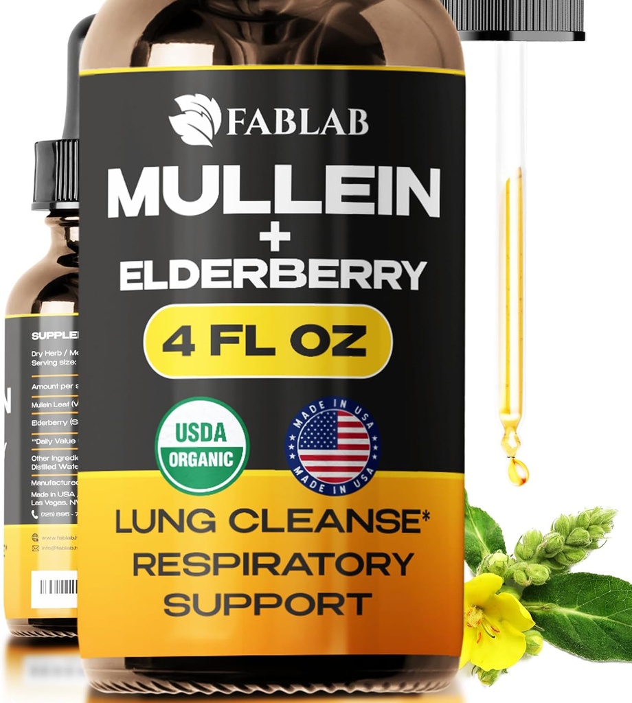 FabLab Mullein Leaf Extract kanssa Elderberry 4 Fl Oz - Made in USA - Drops for Better Lung - Mullein Tincture for Lung Detox - Bronchial Cleanse for Smokers - Hengitysteiden kasviperäisten täydentää