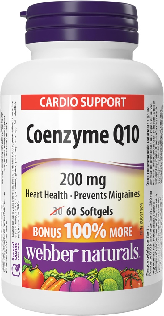 Webber Naturals Coenzyme Q10 (CoQ10) 200 mg, 60 Softgels, korkea Potenssi Antioksidantti Supplement, Heart Health and Cellular Energy Production, 60 päivän toimitus, Gluteeniton