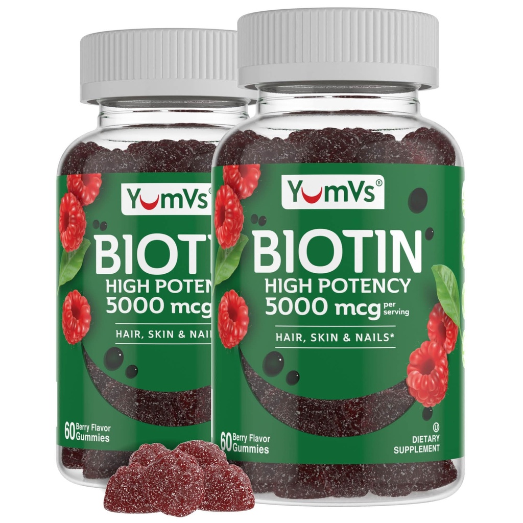 YumVs Biotin Gummies 5000mcg - Luscious Raspberry Flavor - Tjockare snabbare hårtillväxt Gummies för kvinnor eller män - hår, hud och naglar Vitaminer - Hår Gummy - Vegetarian Biotin Supplement (60 Ct., 2pk)