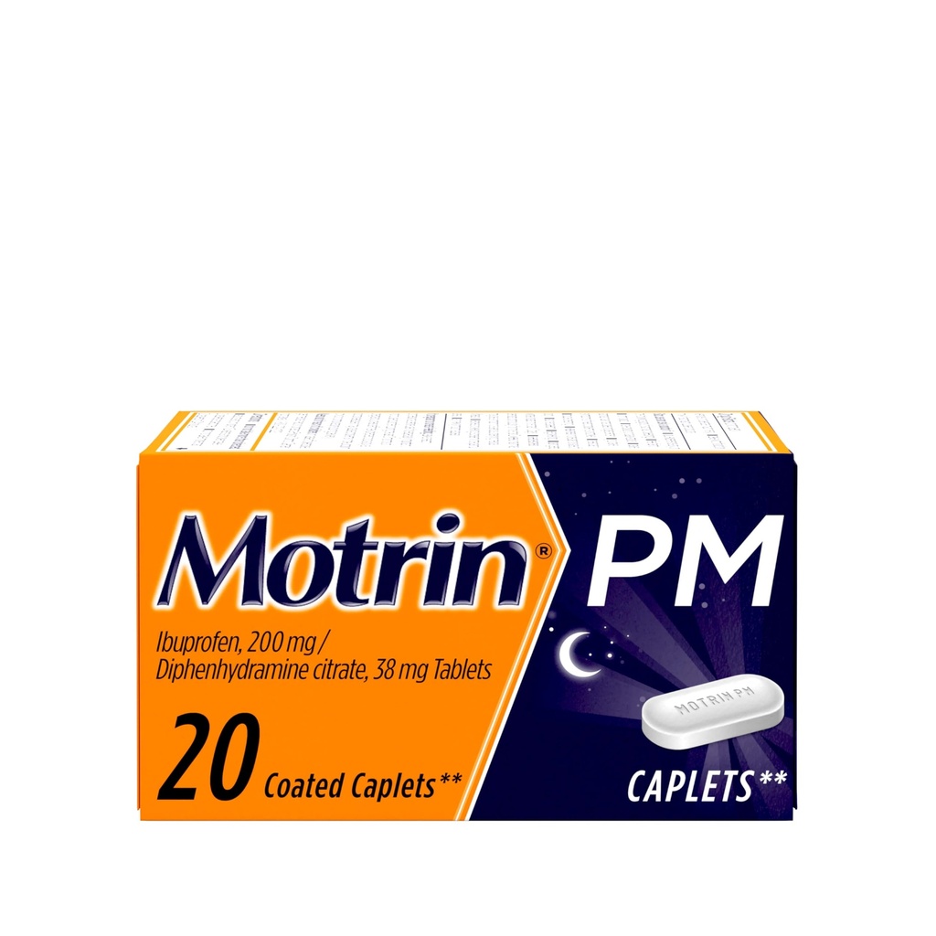 Motrin PM Pain Response Caplets with 200 mg Ibuprofeeni & 38 mg Difenhydramiini unilääke, yöllä kipu rauhoittaa pieniä kipuja ja kipuja auttaa sinua laskemaan Nukahtaa ja pysyä unessa, 20 lla