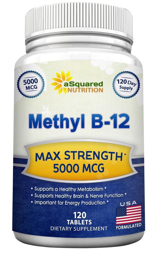 aNeljäsosainen ravitsemus B12-5000 MCG Täydennys Methylcobalamiini (Metyyli B-12) - Max Strength B 12 tuki auttaa lisäämään luonnon energiaa, hyötyä aivojen ja sydämen toiminta - 120 tablettia
