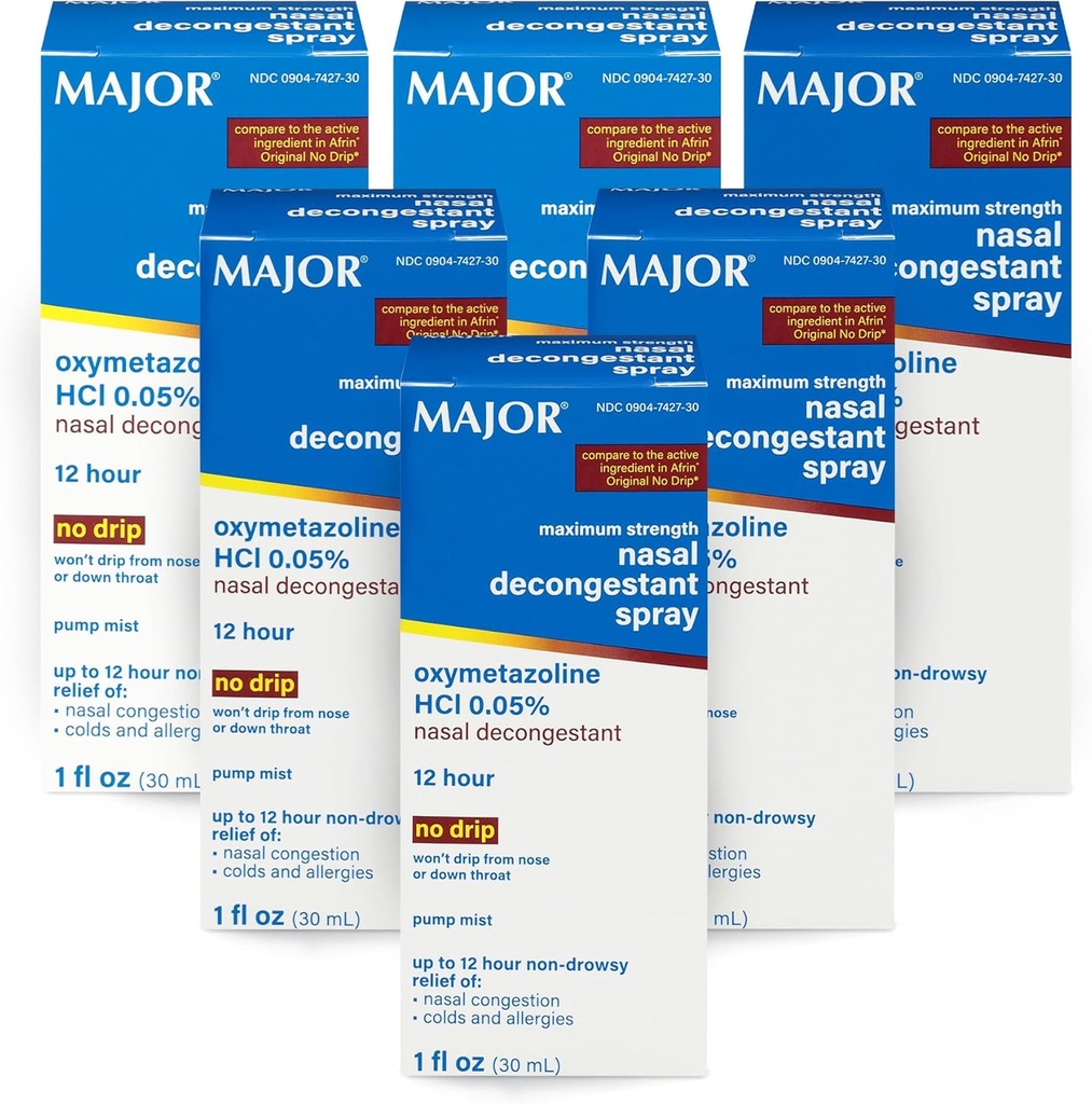 Maximal styrka Nasal Decongestant Spray, Oxymetazoline HCl 0,05% Pump Mist, Non-Drowsy Nasal Spray, upp till 12-timmars Relief från Nasal Congestion, Colds och Allergies 1 Fl. Oz. (6-Pack)
