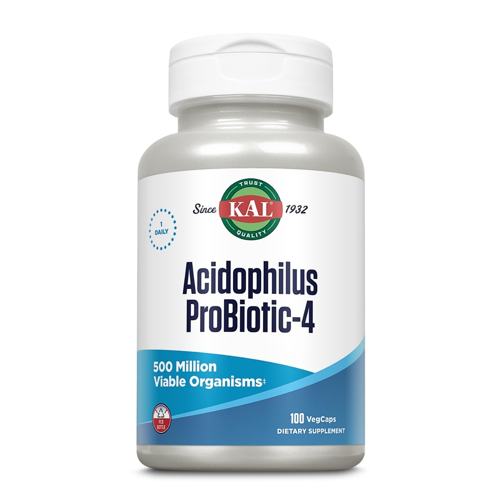 KAL Acidophilus ProBiotic-4, 500 miljoner CFUs, Four Probiotic Strains, Probiotics for Women and Men, Freeze Dried, L. acidophilus, L. bulgaricus, S. thermophilus, B. bifidum, 100 Servings, 100 VegCaps