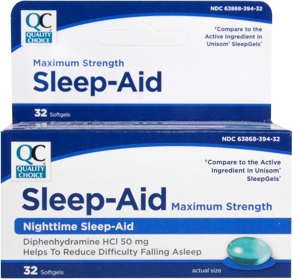 Quality Choice Max Strength Sleep Aid, Nighttime Sleep Aid Difenhydramine HCI 50 mg, Non Habit Forming satunnainen Unettomuus, Helppo niellä Softgels, 32