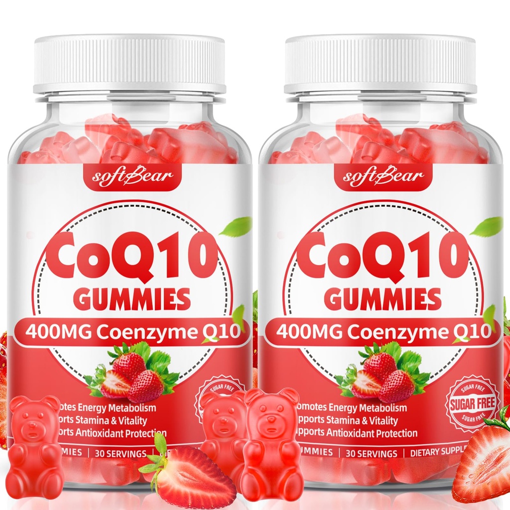 Softbear CoQ10 Gummies 400mg Coenzyme Q10 Supplement for Adults, High Absorption coq10 Plus Omega-3, Magnesium, Vitamin B3 & Zink för Cellular Energy & Antioxidant, Strawberry Flavor 120 Count
