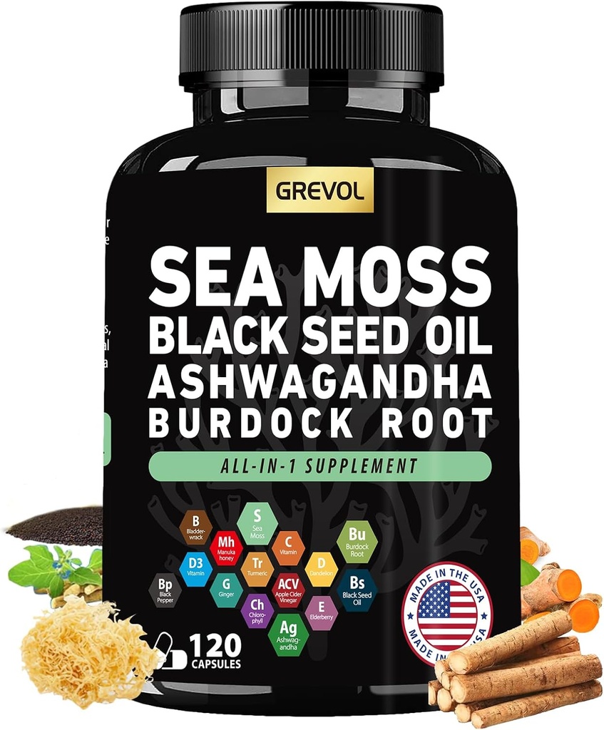 Sea Moss kapselit Ashwagandha Musta siemenöljy rannerengas Burdock juuri Turmeric & C-vitamiini D3 Elderberry ACV Mustapippuri - Multimineral täydennysosa - 120 Count