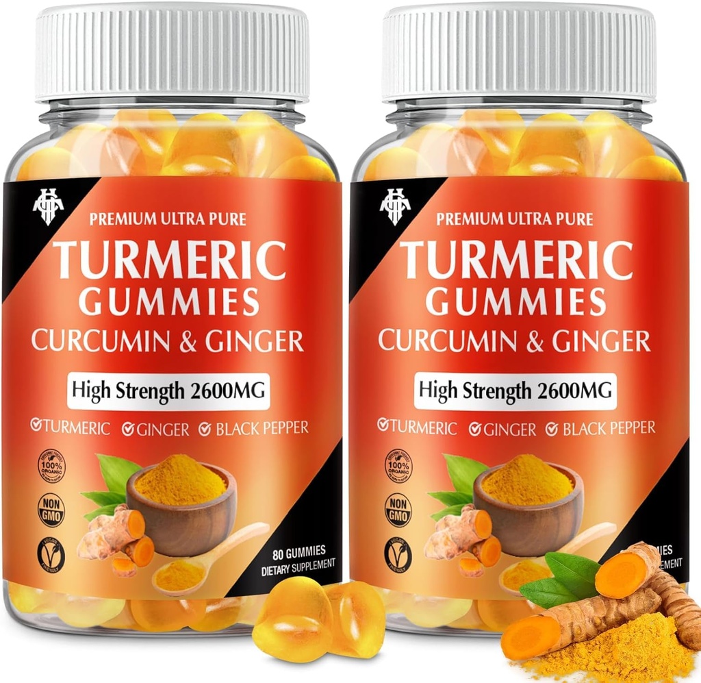 Kurkuma Curcumin Gummies inkivääri & Black Pepper Vegan Pectin Formula Immuuni Boost, Terve iho & Joint Support Pureskella täydentää aikuisille & Teini (2-pakkaus)