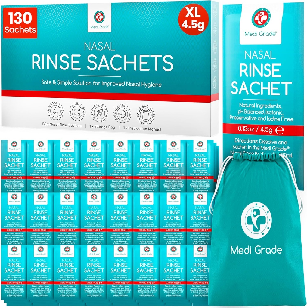Medi Grade Sinus huuhtelu pakkaukset Nasal huuhtelu Essentials Kit 130 x Salt Packets ja kätevä säilytyspussi - Nauti vaivaton nenän kastelu kotona tai Go kanssa Netti Pot Salt Packets