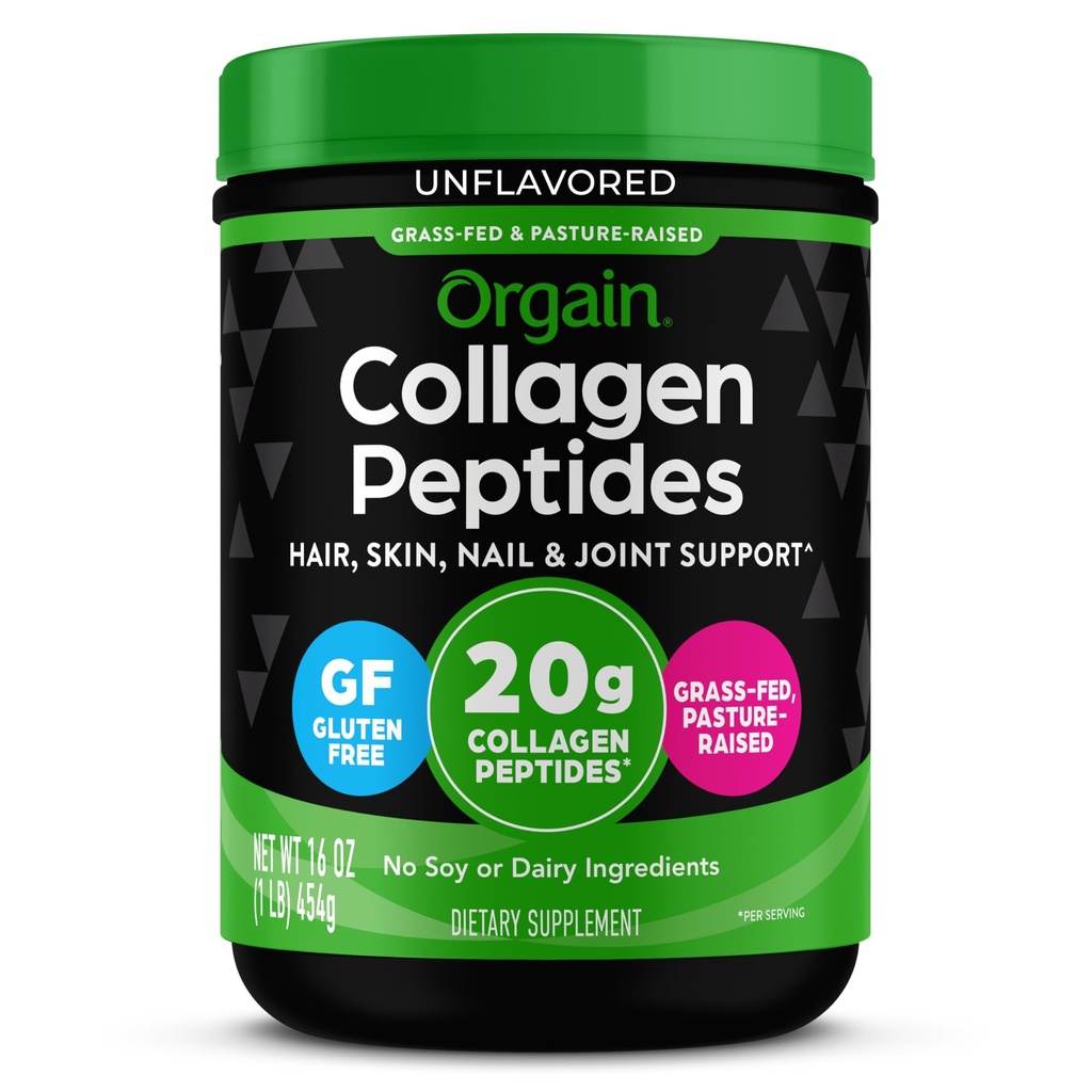 Orgain Hydrolysed Collagen Peptides Powder for Women & Men, 20g Grass Fed Collagen, Unmariored - Hiukset, iho, kynnet, & Joint Support Supplement, Paleo & Keto, ei-GMO, tyyppi I ja III, 1lb