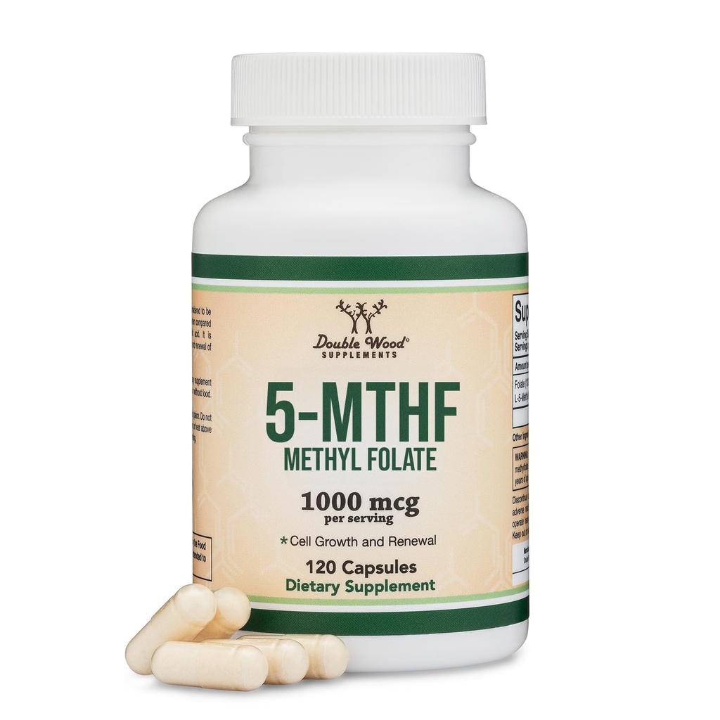 Metyylifolaatti 1000 mcg, 120 kapselia (kolmannen osapuolen testattu metyylifosaatin täydennysosa) Metyylifosaatti on aktiivisempi Folaatti kuin foolihappo (ei-GMO, Vegan Safe) Double Wood
