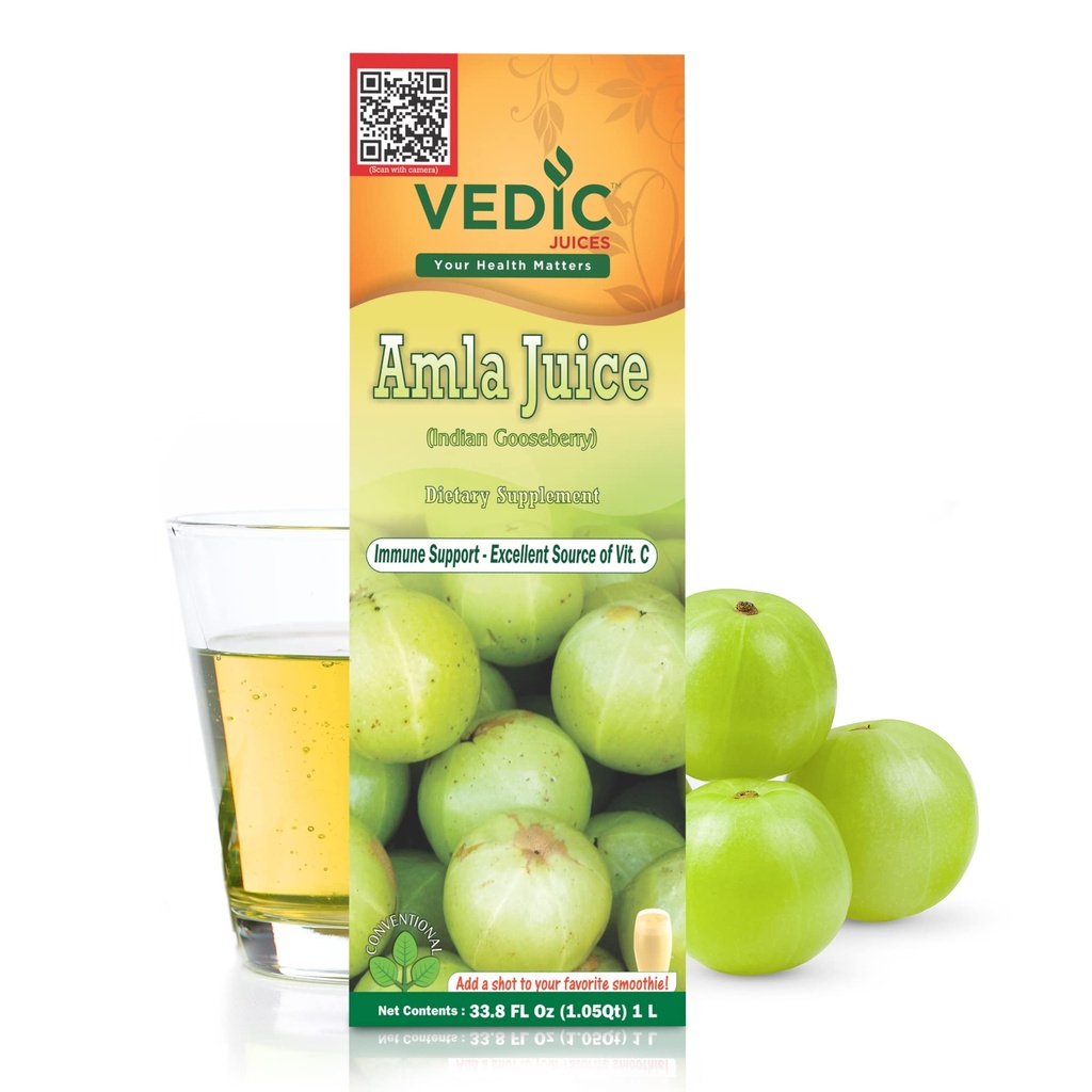 Vedic Juices Amla Juice, Indian Gooseberry Supplement med vitamin C för tarmhälsa, och hårväxt, Herbal Drink - 1 Liter