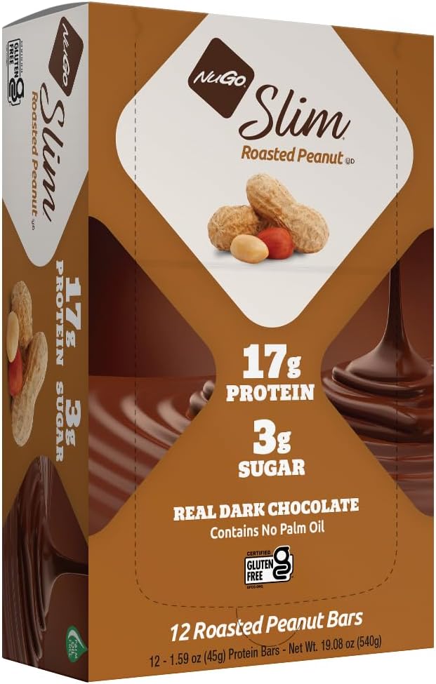 NuGo Slim Dark Chocolate paahdettu maapähkinä, 16g proteiinia, 2g sokeria, 7g kuitua, matala Net Carb, Keto Friendly, Gluteeniton, 12 kreivi