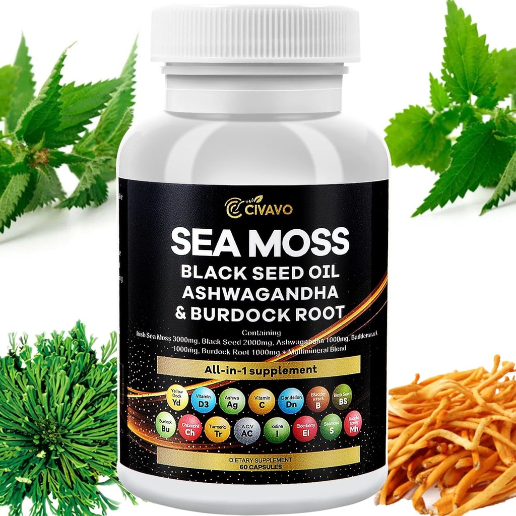 Sea Moss 3000 mg Musta siemenöljy 2000 mg Ashwagandha 1000 mg rannerengas 1000 mg Turmeric 1000mg Burdock 1000 mg C-vitamiini & D3 Elderberry Manuka Voikukka Keltainen tekka klorofylli ACV