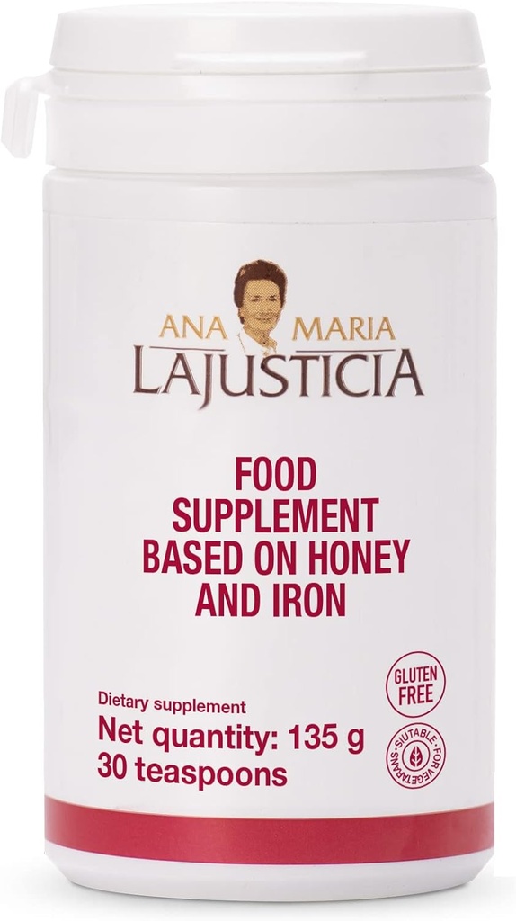 Ana Maria Lajusticia - Järn med Honung - Matförsörjning - 135g (30 teskedar) - Dairy och Gluten Free. Vegetarian Friendly. Perfekt för att främja vaskulär hälsa.