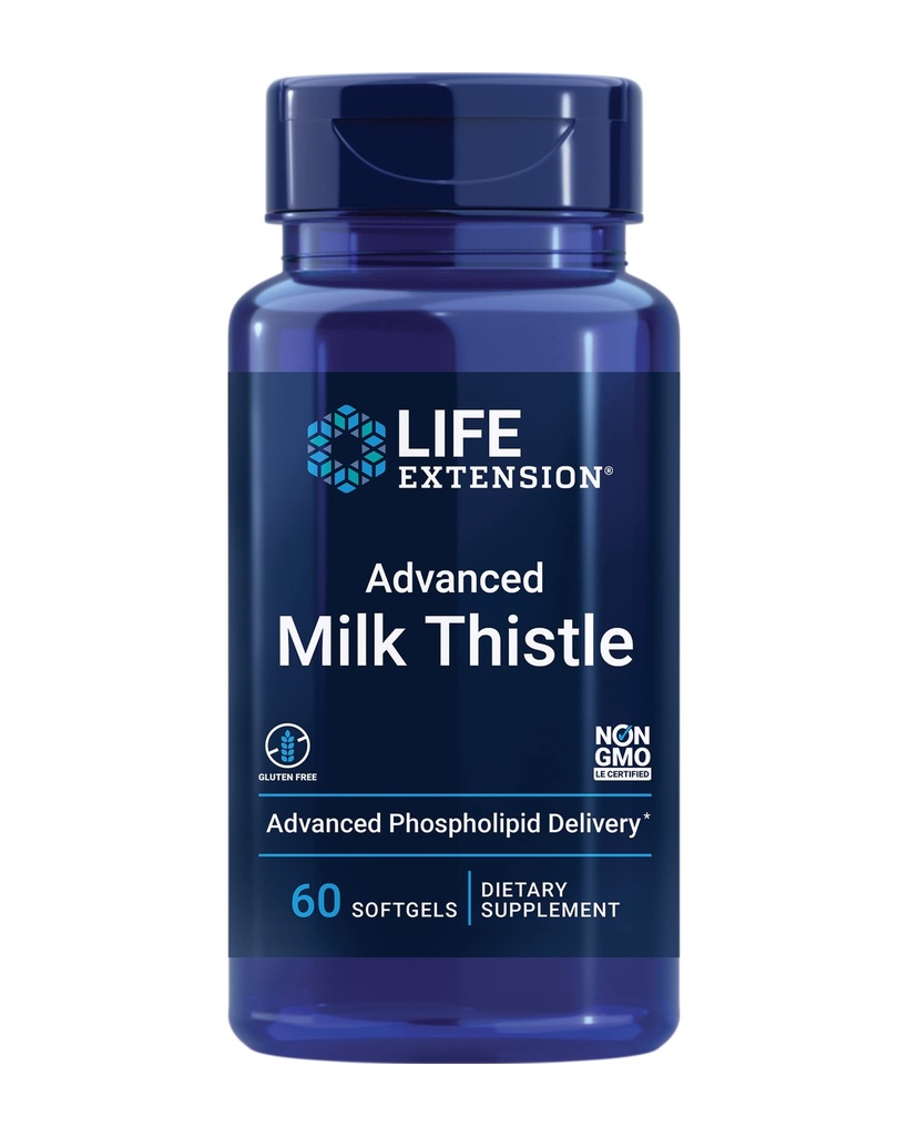Life Extension Advanced Milk Thistle, silomariini, silybiini, fosfolipidit, edistää terveitä maksan toiminta, Gluteeniton, ei-GMO, 60 pehmogeeliä