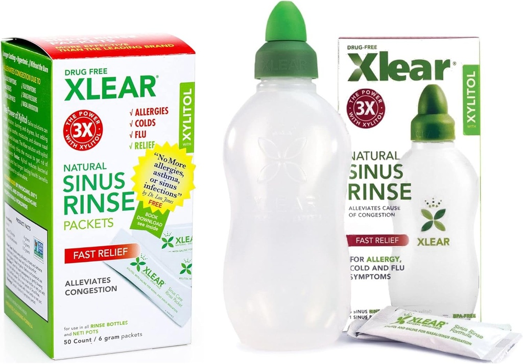 Xlear Natural Xylitol Sinus Rinse Refill, Neti Pot Salin Packets - nenän puhdistaja nopea paine ja ruuhkautumista helpottava, toimii useimmat nenän kastelujärjestelmät, 50 Count ja 1 huuhtelupullo