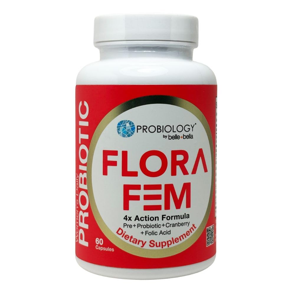 Belle+Bella Probiology Flora Fem - Päivittäiset probiootit naisille - 4X-toiminta Prebiootti + Probiootti + Karpalo + Foolihappoa digestiiviselle, virtsatielle, lisääntymis- ja emätinterveys - 60 kapselia
