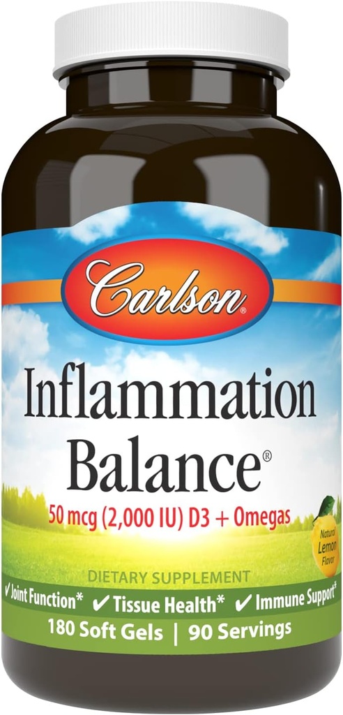 Carlson - Tulehdustasapaino, tasapainotettu Omega-3 & Omega-6 Ratio, D3, Norwegian, Wild-Caught Fish Oil täydennysosa rasvahapot, kestävästi Lähde: kalaöljy kapselit, 180 Softgels