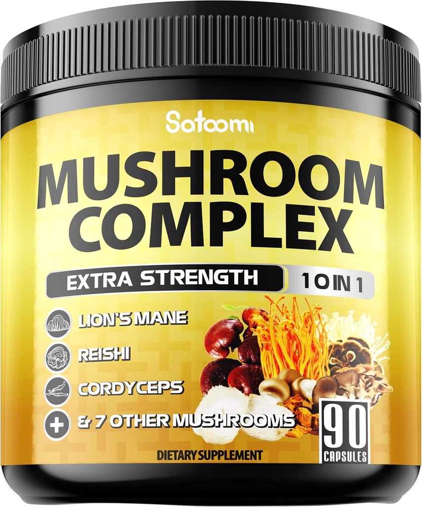 Satomi 10in1 Mushroom Supplement Complex - Lions Mane, Cordyceps, Reishi, Chaga ja 6 Lisää - Aivojen lisäravinteet muistia & Focus - 90 Count - 3 kuukauden tarjonta