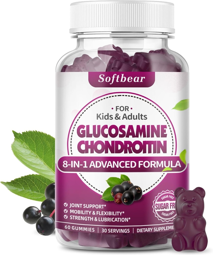 softbear Glukosamiini Chondroitin Gummies, sokeriton Glukosamiini Chondroitin MSM Täydennys Elderberry Turmeric tukee Joint Health & Antioxidantti, Elderberry maku 60 kreivi