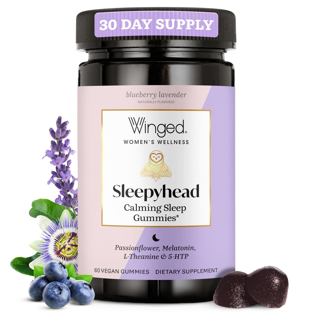 Winged Wellness Sleepyhead Natural Sleep Gummies for Women - Prime Sleep Support Apua aikuisille 3 mg Melatoniini, L-Theanine, 5-HTP - Mustikka Laventeli Maku - 30 Tarjoilut