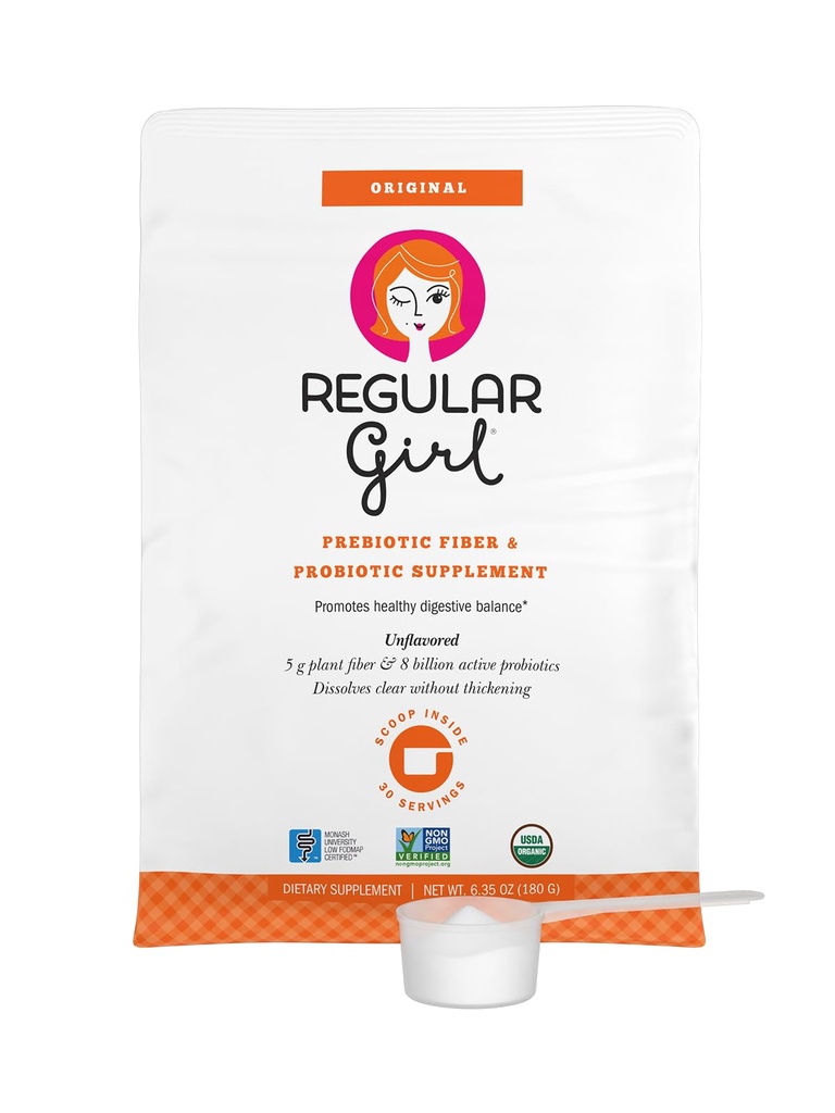 Säännöllinen Girl Organic Powder, Prebioottikuitu Supplement ja Probiootit naisille, Low FODMAP, 30 Tarjoiluja, Mautonta