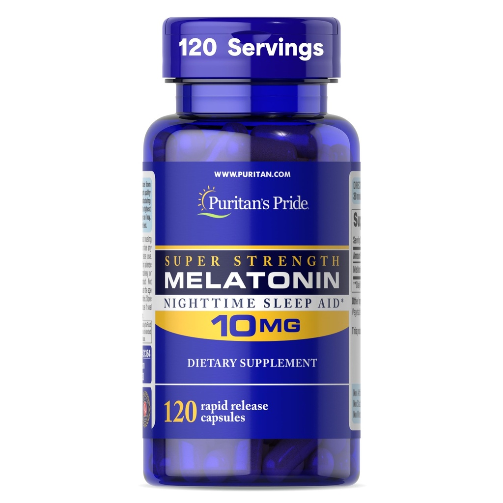 Puritanin Pride Premium Super Strength Melatoniini 10mg unilääke, ravintolisä äänen, levon ja pidempi uni tuki, 4 kuukauden tarjonta, 120 nopea julkaisu kapselit (Pakkaus toukokuussa Vary)