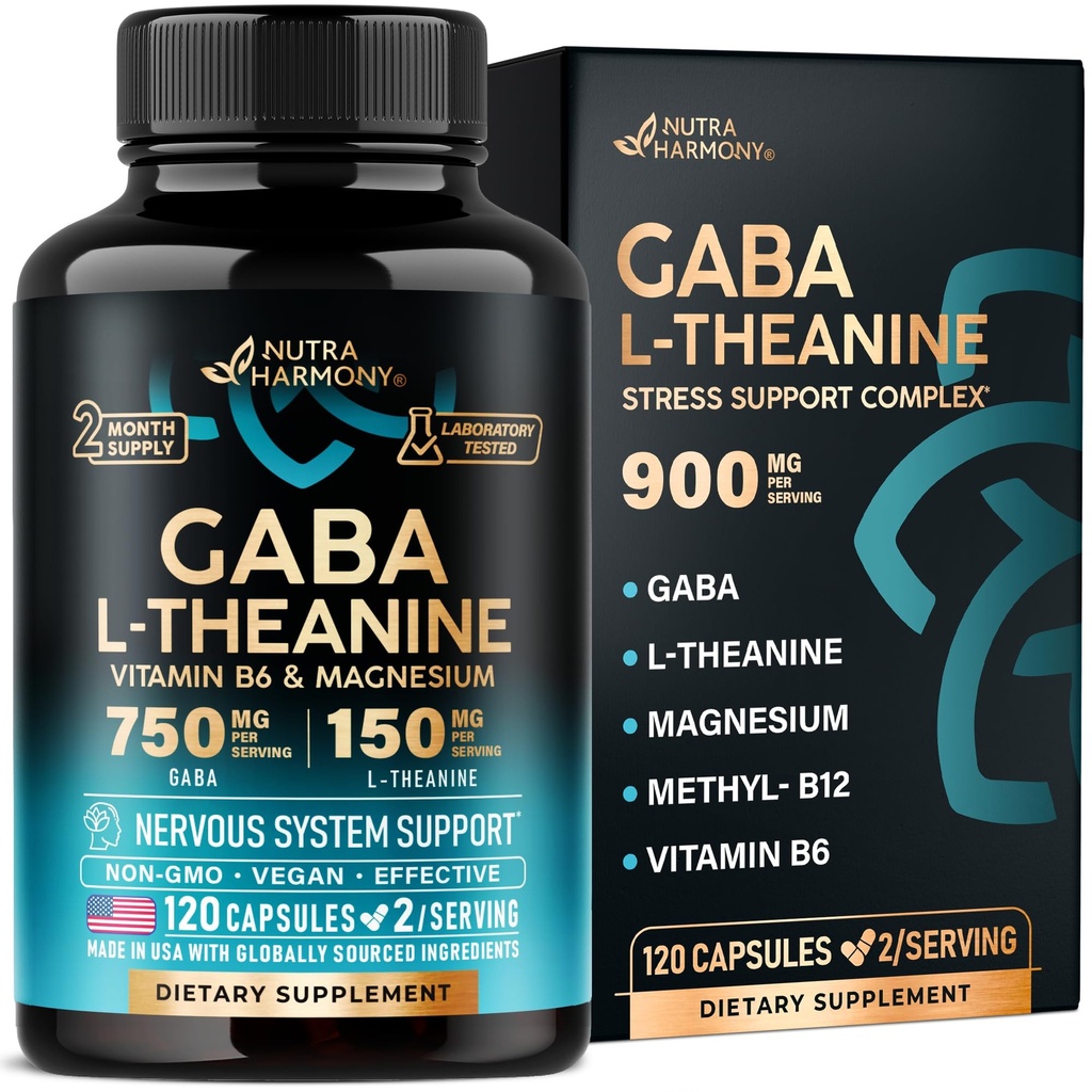 GABA L-Theanine 900 mg - Valmistettu USA:ssa - Magnesium B6-vitamiini - Rauhallinen, uni, rentoutuminen ja mielialan tuki - 750 mg Gamma AminoButyric Acid, 150 mg L-Theanine - ei-luontotyyppi muodossa, vegan - 120 kapselia