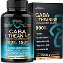 GABA L-Theanine 900 mg - Valmistettu USA:ssa - Magnesium B6-vitamiini - Rauhallinen, uni, rentoutuminen ja mielialan tuki - 750 mg Gamma AminoButyric Acid, 150 mg L-Theanine - ei-luontotyyppi muodossa, vegan - 120 kapselia