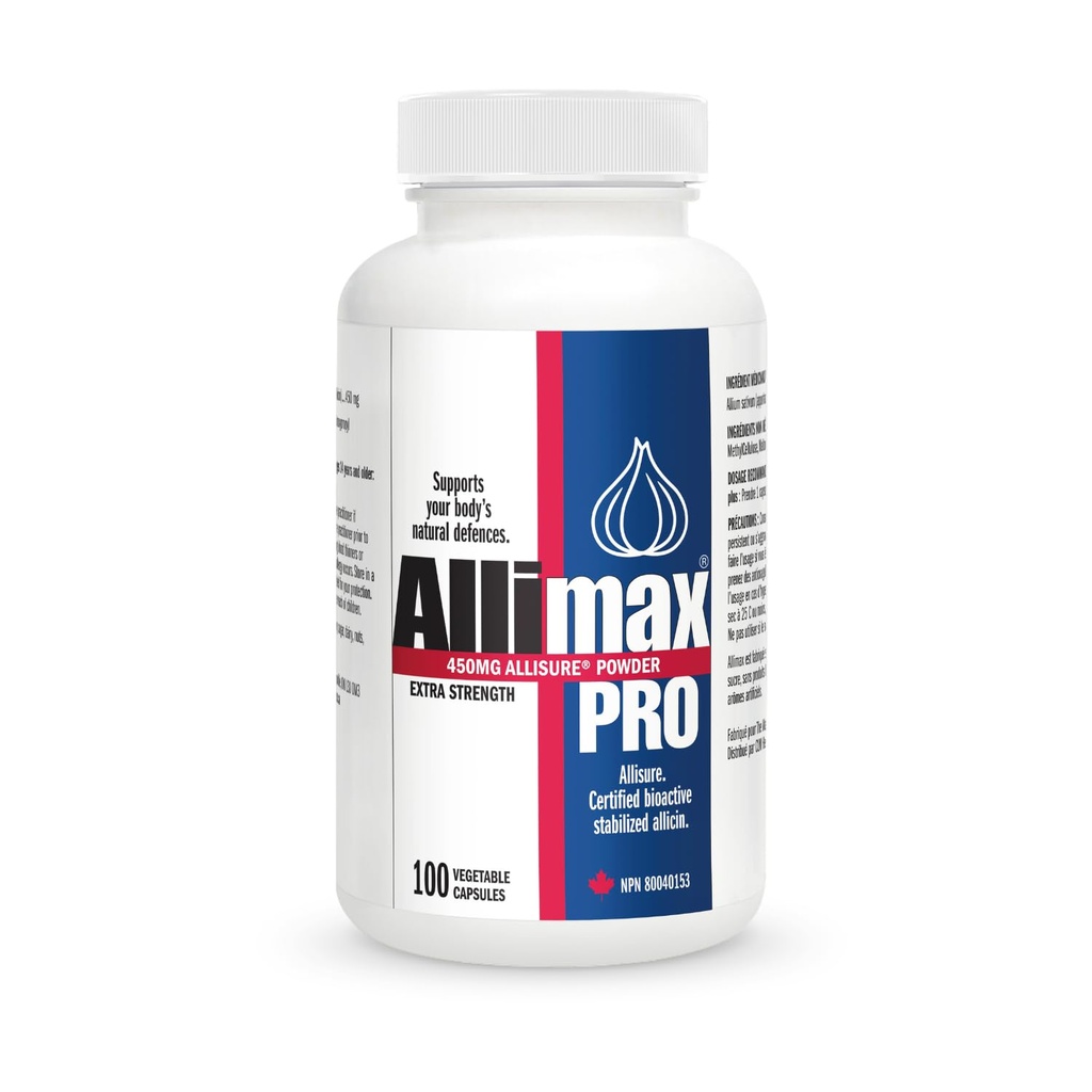 Allimax Pro 450 mg 100 Vegicaps. Allicin valkosipuli täydentää tukea kehon Immuunitoiminto. Stabilized Allicin uutettu Clean & Sustainable Espanjan Kasvatettu Valkosipuli. Ammatillinen vahvuus