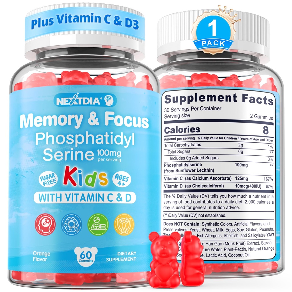 Fosfatidylserin Supplement 100mg, Focus Gummies for Kids Teens + Vitamin C & D3 400IU, Sugar Free Kids Brain Gummies Öka uppmärksamhet och koncentration, Chewable, Vegan, Gluten Free, Non-GMO 60Cts