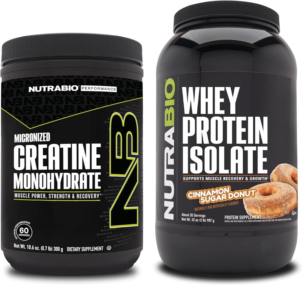 NutraBio Creatiini Monohydraatti, Aromiton, 300g ja Whey Protein Isolate, Kanelisokeri donitsi, täydennysosa Bundle - Lihasenergia, Lean lihasten kasvu, elpyminen, ja vahvuus