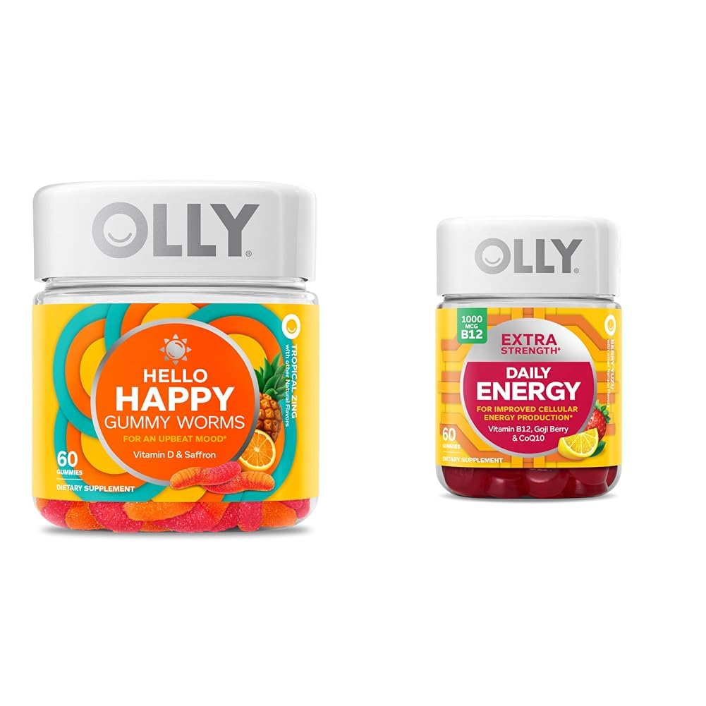 Olly Hei Happy Gummy Worms, Mielen tasapaino tuki, D-vitamiini, Saffron, Aikuisten purutabletti ja extra vahvuus Päivittäinen energia Gummy, kofeiiniton, 1000 mcg B12, CoQ10, Goji Berry