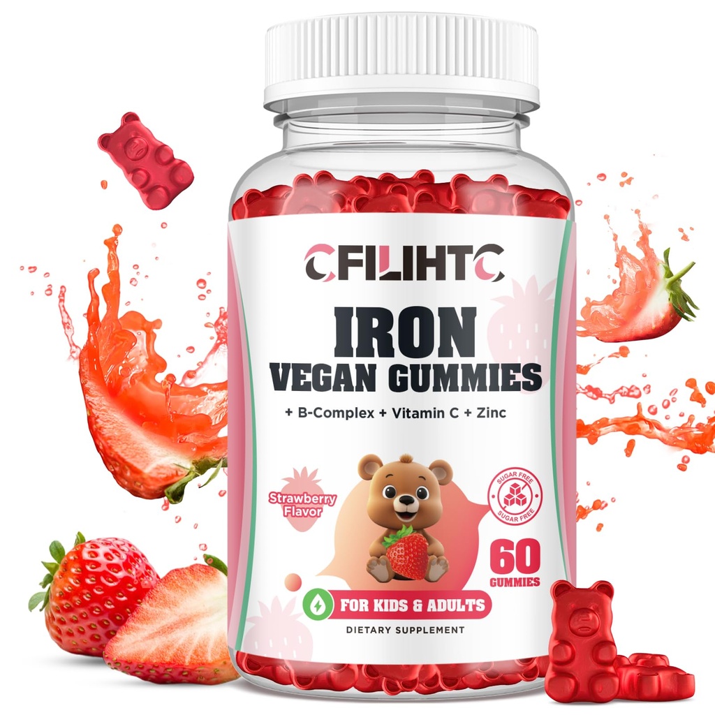 Rauta Gummies lapsille, naisille ja miehille, rauta täydentää Multivitamiini - B-vitamiini Complex, C, B6, B12, Folaatti, Sinkki Anemia, Rautapuutos, Verenrakennus, energia - Mansikka maku, Vegaani 60ct