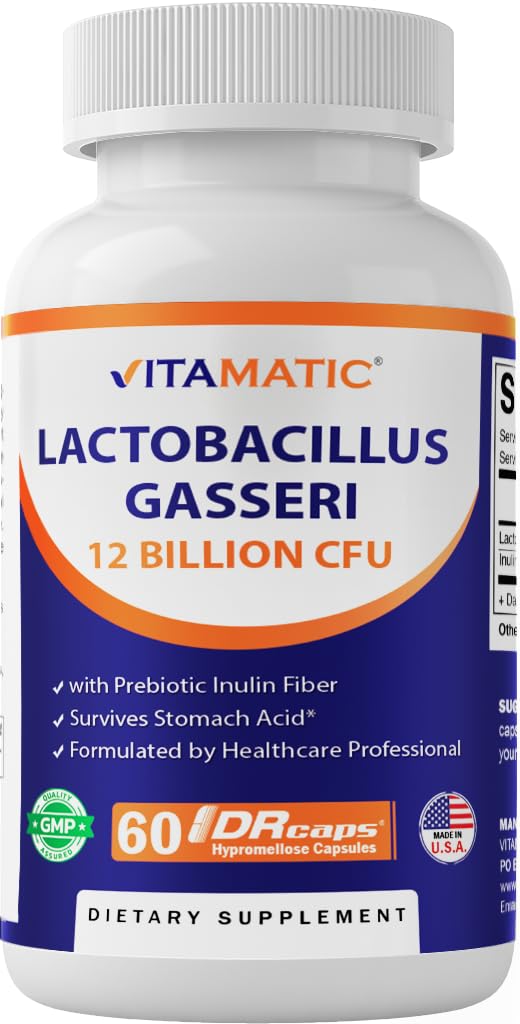 Vitamatic Lactobacillus Gasseri - 12 miljardia per DR-kapseli - 60 Count - Ruoansulatuskanavan tuki - Valmistettu prebioottisella inuliinikuidusta
