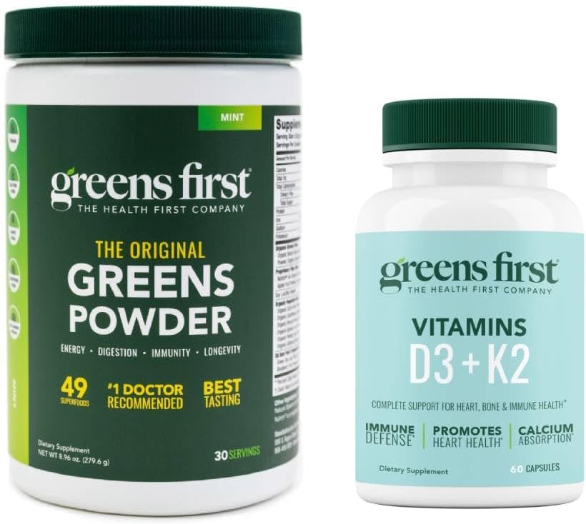 Greens First - Mint - 30 portioner - Greens Powder Superfood, 49 Superfoods, 15 + Organic Fruit & Vegetables, Dairy Free, Vegan & Non-GMO - 9,86 oz och D3 + K2 Vitaminer, 60 Vegetable Capsules