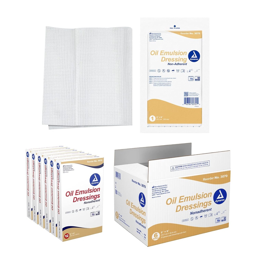 Dynarex Oil Emulsion Dressings, Wound Care, Absorbent, 5 "x 9" Sterile Knitted Gauze Dressing med Emulsion Blend av Petrolatum och Sunflower Oil, 6 Boxar av 12 olje Emulsion Dressings