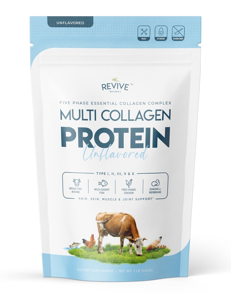 Multi Collagen Hydrolysed Protein Powder (16oz) - Tyypit I, II, III, V & X - Grass Fed Bount (Peptan®), Wild Caught Marine, Free Roaming Chicken & Eggshell Collagen Peptides, non-GMO, GF.
