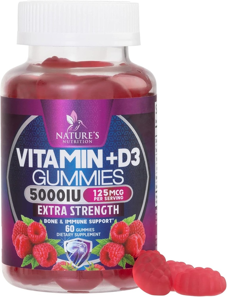 D3-vitamiini täydentää Gummy 5000 IU (125 mikrog) Ruokavalio vitamiinit D miesten ja naisten - luu, hampaat, lihasten ja immuuni terveys tuki, korkea teho VIT D3 Luontoon ei-GMO & Gluteeniton - 60 Gummies