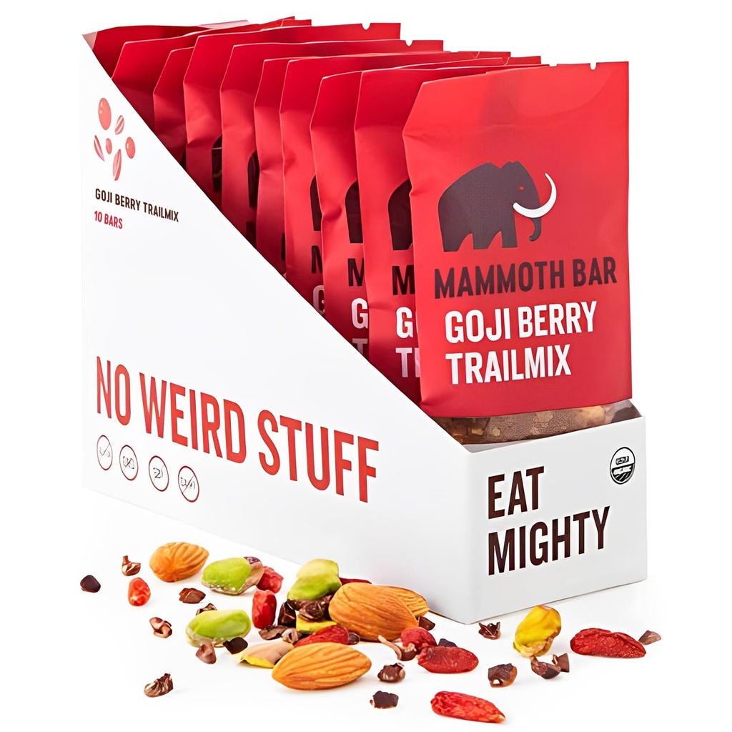 Mammoth Bar Goji Berry Trail Mix - 10 Organic Protein Baaria Prebiootti • Paleo • Gluteeniton • Munaproteiini • GMO-vapaa • Raaka • Premium Pluts
