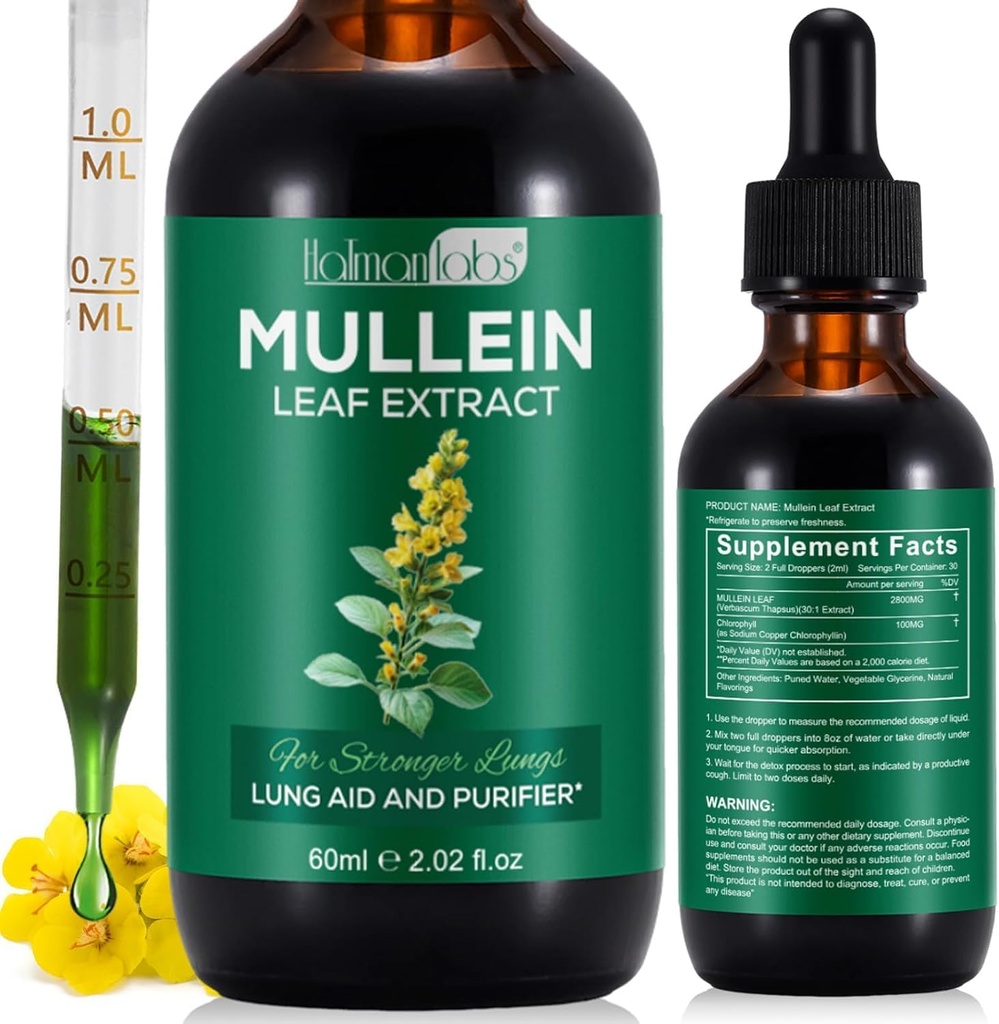 Mullein Leaf Extract for Keuhkot, Mullein Drops for Keuhkot, Tuki Keuhkot, Hengitystoiminto Terve hengitys, Parannus keuhkojen toiminta, Natural & Safe Supplement (1 PC)