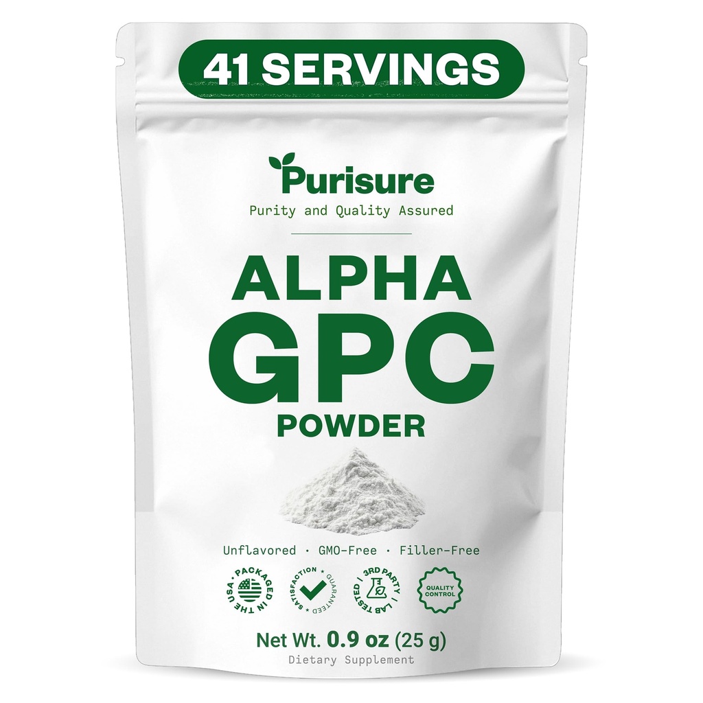 Purisure Alpha GPC Powder, 25 g, Pure Alpha GPC Koliini Supplement Brain and Focus, CDP Choline lisäravinteet muistin suorituskykyä ja keskittymistä, ei täyteaineita, ei GMO, Tarjoukset 42